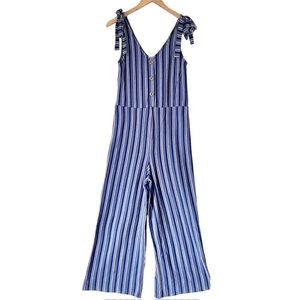 Indigo Blue & White Striped 70’s Inspired Cotton Jumpsuit Romper Flare Wide Leg